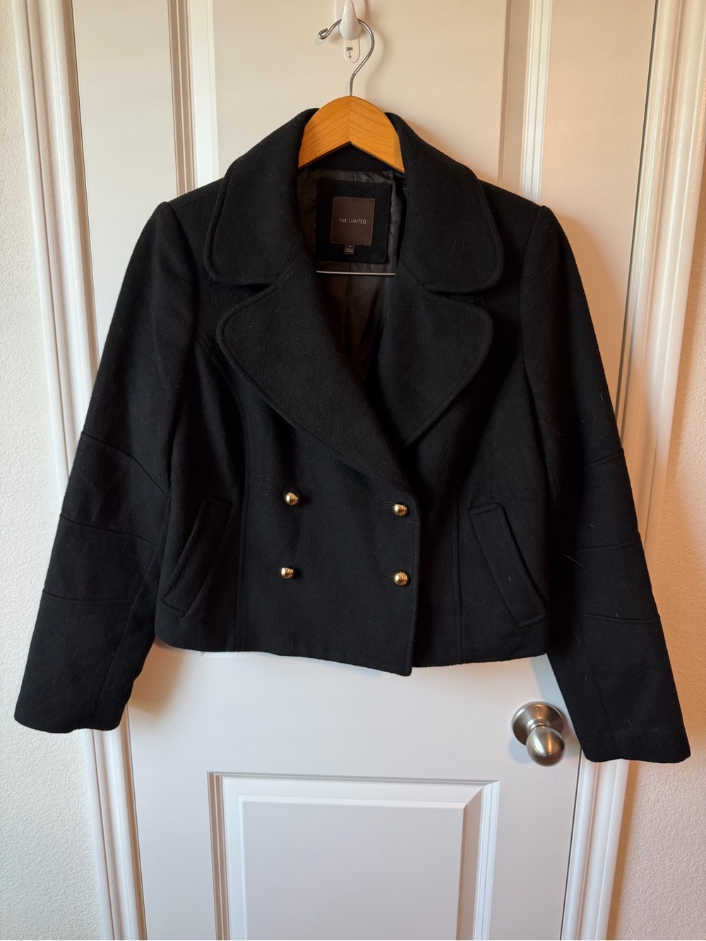 The Limited Black Double-Breasted Pea Coat with Gold Buttons